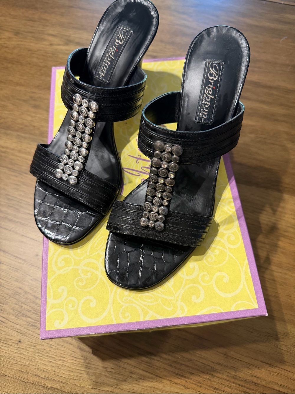 Brighton Black Leather Slide Mules with Silver Stud Accents